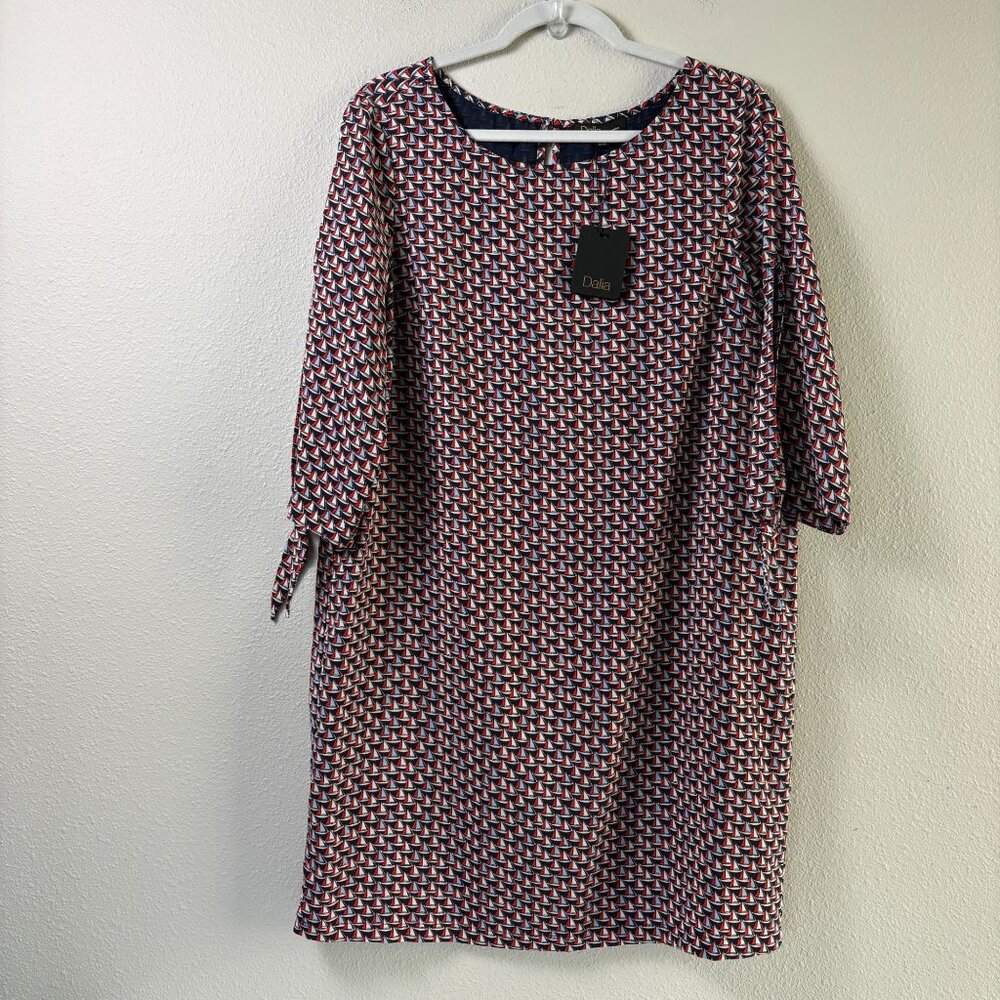 Dalia Sailboat Shift Dress Size 10 Red White Blue 3/4 Tie Sleeve Nautical NWT